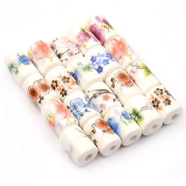 Clay Beads Kit – 20pcs Floral Porcelain Cylinder Beads - Image 3